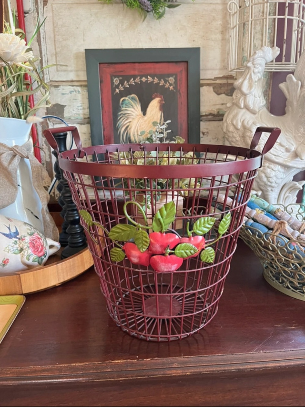 Farmhouse Rustic Red Apple Metal Basket